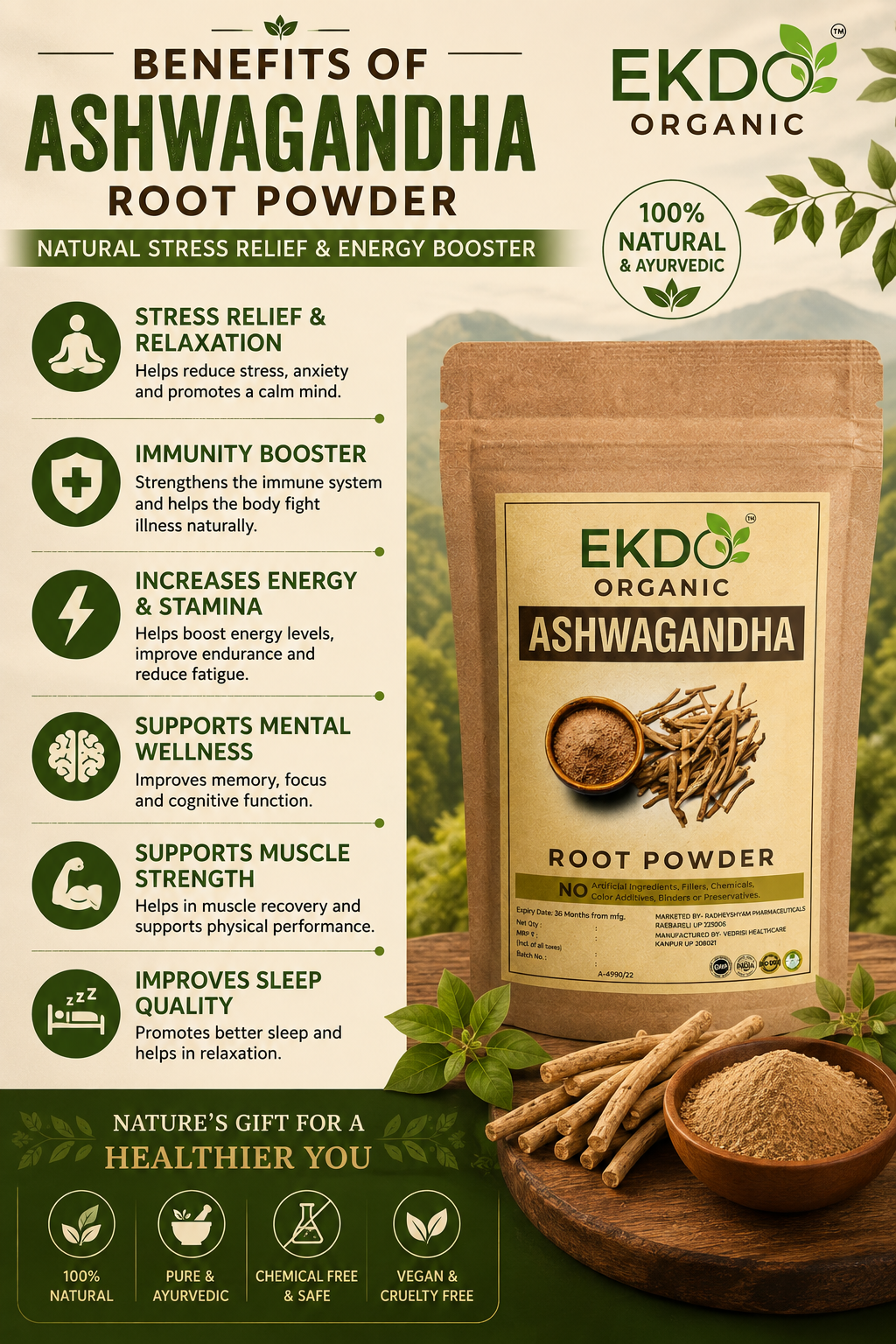 EKDO Organic Ashwagandha Root Powder | Pure Ayurvedic Ashwagandha Powder | Natural Herbal Wellness Supplement (100-G)