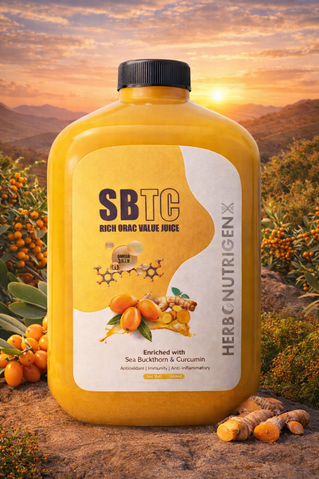 Sea Buckthorn & Curcumin Juice Rich ORAC Value Juice 1000ML | Powerful Antioxidant | Rich in Omega 3,6,7,9 | Immunity Booster | Detox Support | Anti-Inflammatory | Vitamins & Minerals & All Essential Amino Acids | Sugar Free I Men & Women.