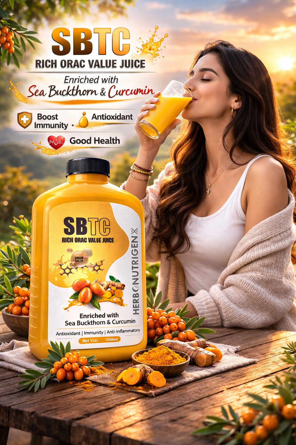 Sea Buckthorn & Curcumin Juice Rich ORAC Value Juice 1000ML | Powerful Antioxidant | Rich in Omega 3,6,7,9 | Immunity Booster | Detox Support | Anti-Inflammatory | Vitamins & Minerals & All Essential Amino Acids | Sugar Free I Men & Women.