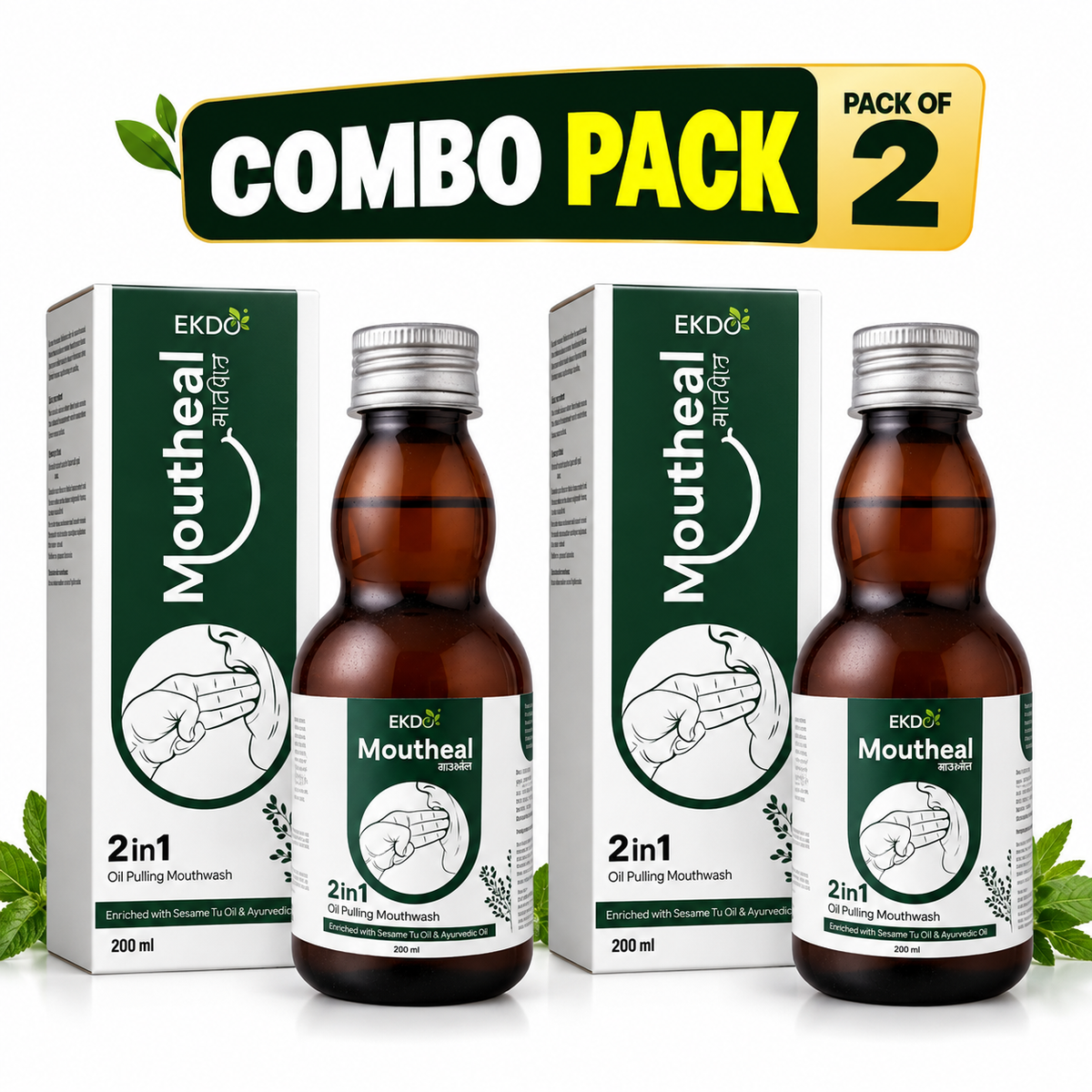 EKDO Moutheal 2 in 1 Oil Pulling Mouthwash Combo Pack of 2 | Ayurvedic Oral Care with Sesame Oil | 200 ML