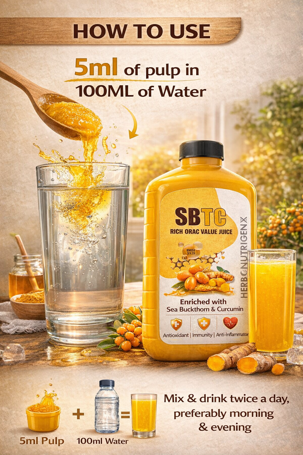 Sea Buckthorn & Curcumin Juice Rich ORAC Value Juice 1000ML | Powerful Antioxidant | Rich in Omega 3,6,7,9 | Immunity Booster | Detox Support | Anti-Inflammatory | Vitamins & Minerals & All Essential Amino Acids | Sugar Free I Men & Women.