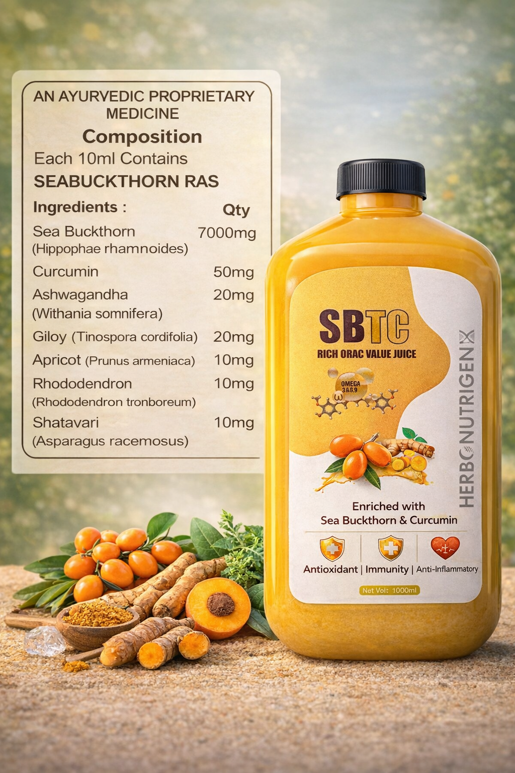 Sea Buckthorn & Curcumin Juice Rich ORAC Value Juice 1000ML | Powerful Antioxidant | Rich in Omega 3,6,7,9 | Immunity Booster | Detox Support | Anti-Inflammatory | Vitamins & Minerals & All Essential Amino Acids | Sugar Free I Men & Women.