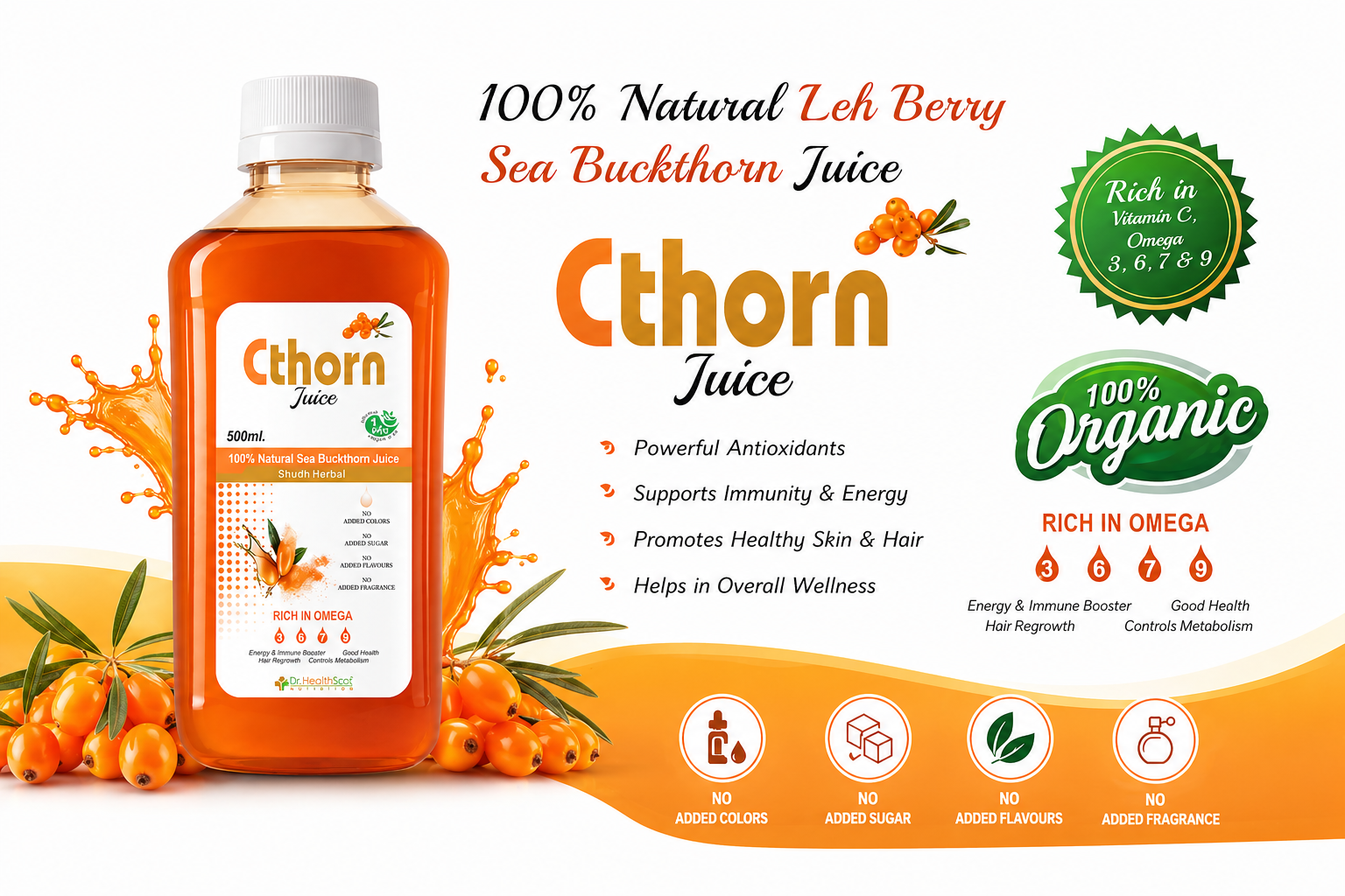 Cthorn Sea Buckthorn Juice 500ml x 2 | Powerful Antioxidant | Rich in Omega 3,6,7,9 | Immunity Booster | Detox Support | Anti-Inflammatory | Vitamins & Minerals & All Essential Amino Acids | Sugar Free I Men & Women.