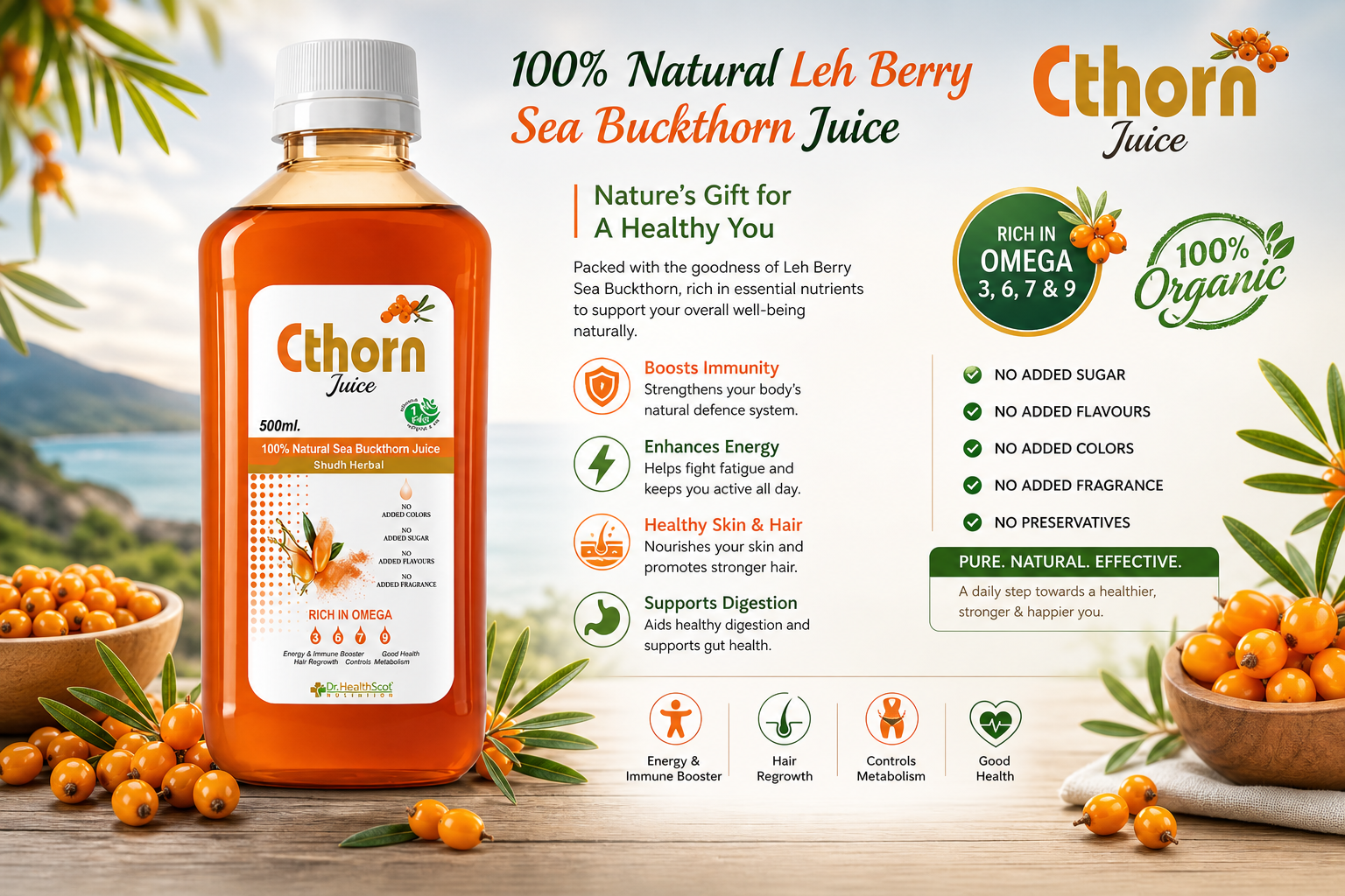 Cthorn Sea Buckthorn Juice 500ml x 2 | Powerful Antioxidant | Rich in Omega 3,6,7,9 | Immunity Booster | Detox Support | Anti-Inflammatory | Vitamins & Minerals & All Essential Amino Acids | Sugar Free I Men & Women.