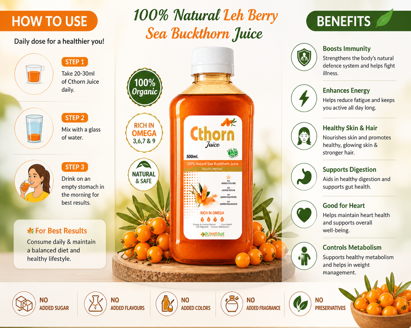 Cthorn Sea Buckthorn Juice 500ml x 2 | Powerful Antioxidant | Rich in Omega 3,6,7,9 | Immunity Booster | Detox Support | Anti-Inflammatory | Vitamins & Minerals & All Essential Amino Acids | Sugar Free I Men & Women.